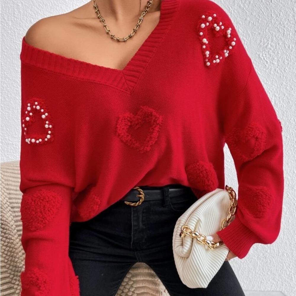 Red Slouchy Pearl Heart Sweater